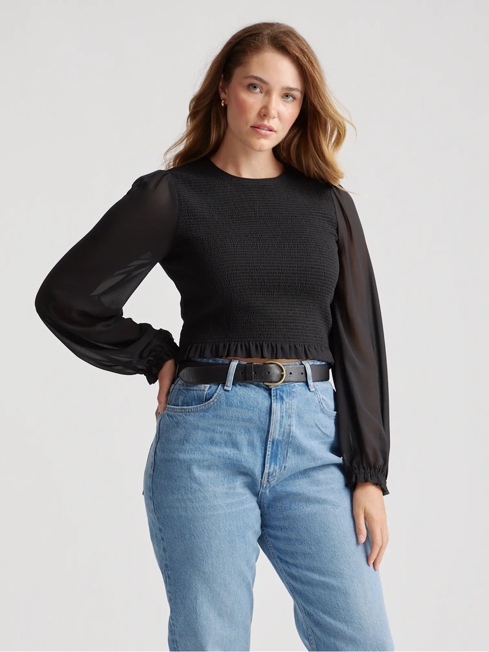 Quince Chiffon Cropped Smocked Blouse Long Sleeve Medium Black